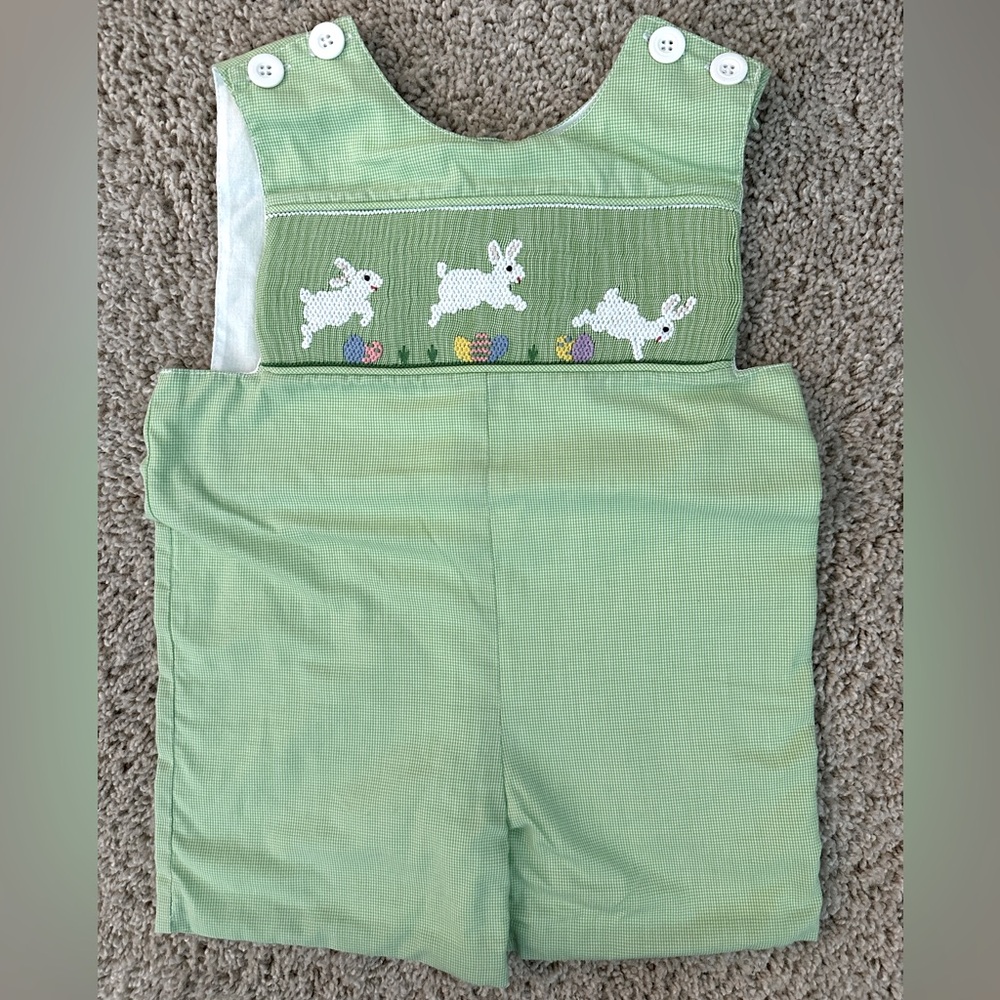 EUC Remember Nguyen Green and White Plaid Smocked Bunny Jon Jon 12m